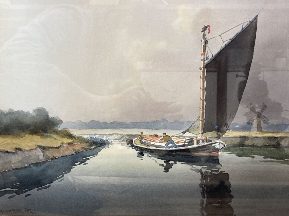 Hannaford Jnr, two watercolours, Sail barges on the broads, signed, largest 35 x 43cm
